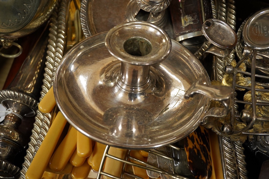 A quantity of assorted plated wares and other items including tea caddies, Guernsey milk can, flatware candlesticks, entrée dishes, chambersticks, etc. Condition - variable